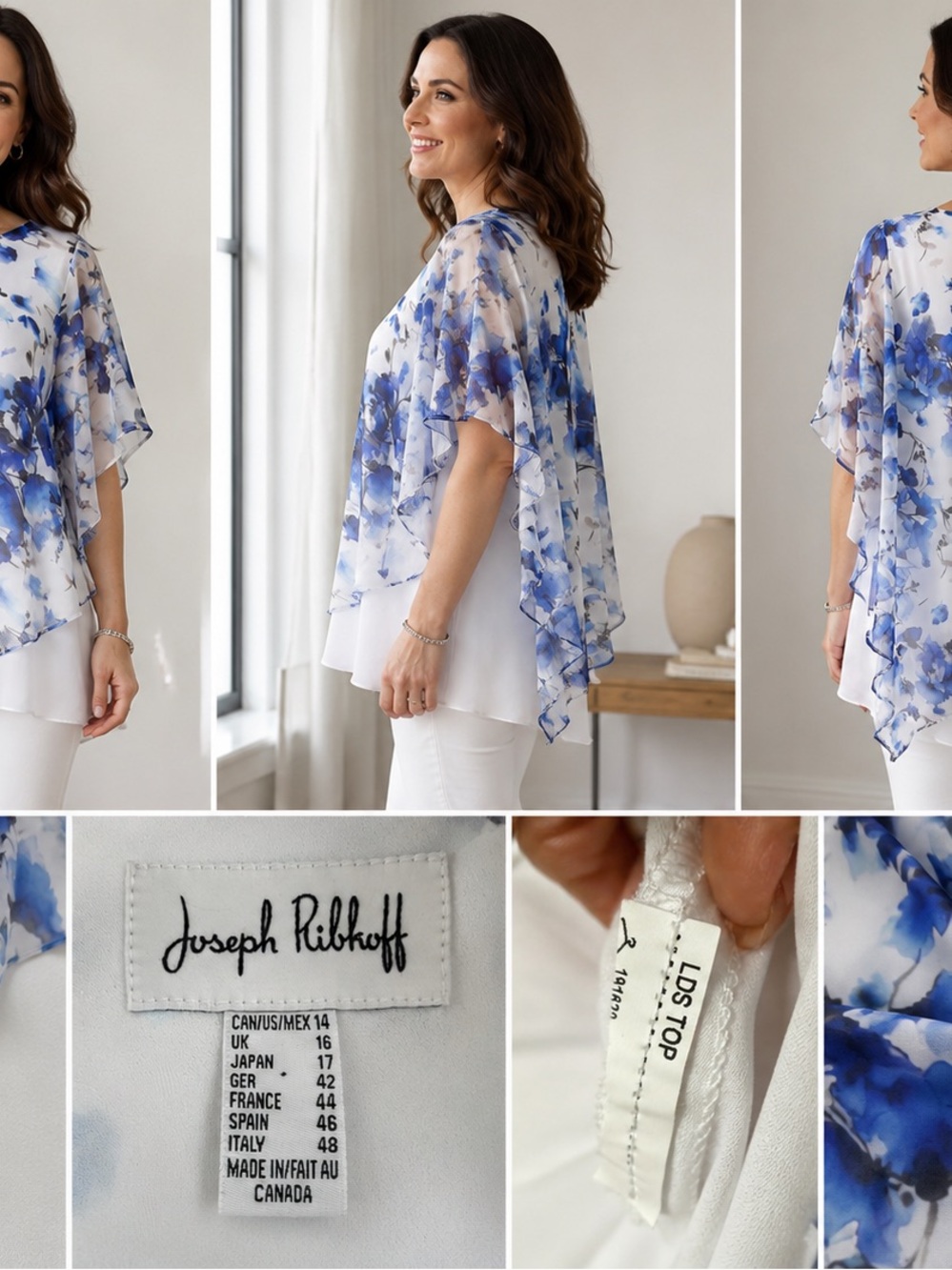 JOSEPH RIBKOFF Size 14 Blue Watercolor Floral Chiffon Overlay Blouse